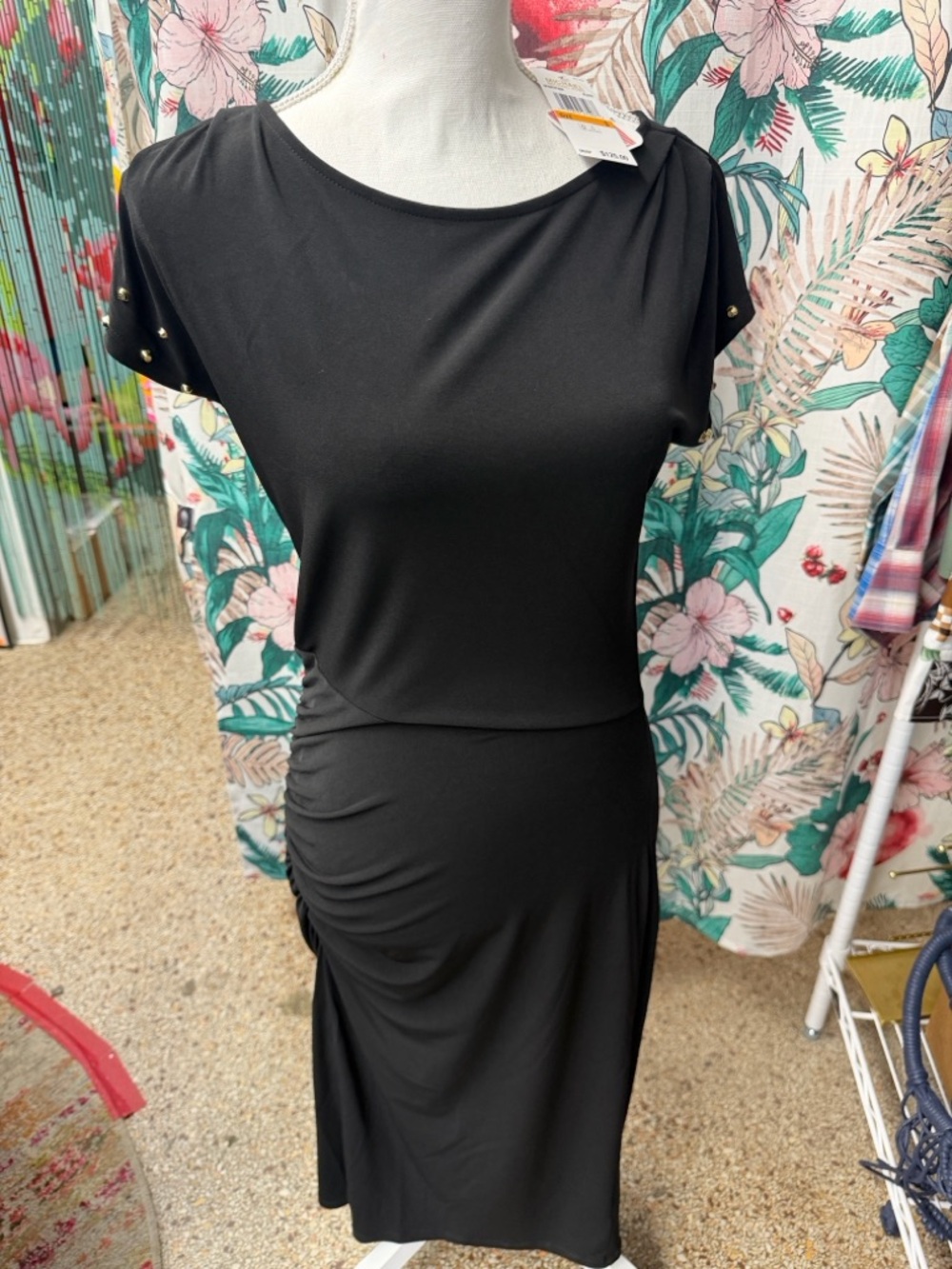 NWTB Black Michael Kors Women's Ruched Sheath Gold Studs Dress Size Small